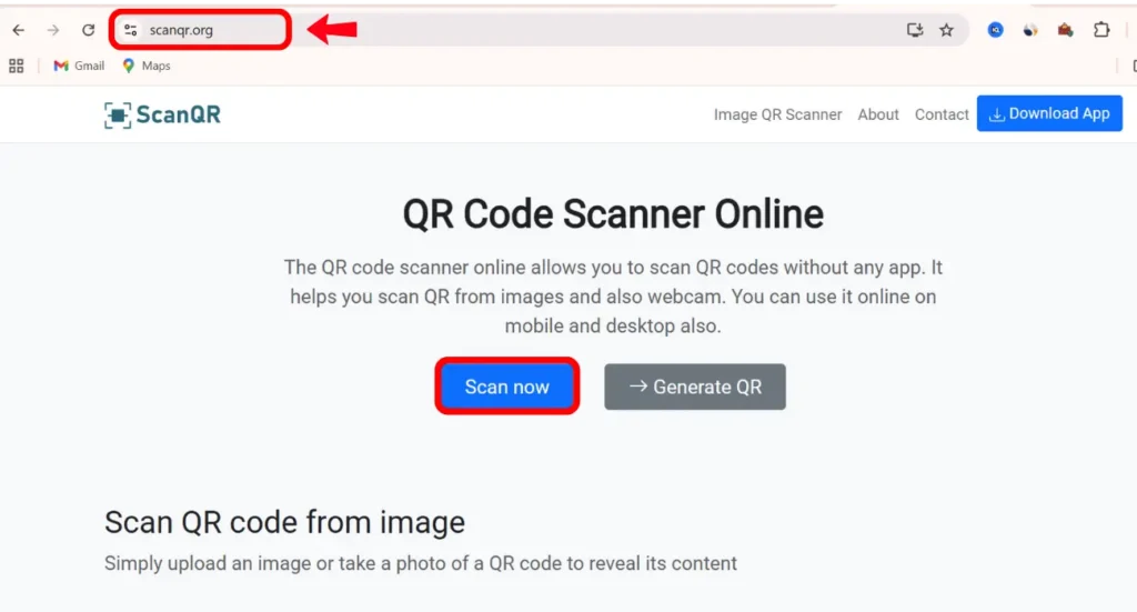 ScanQR homepage with options to scan or generate QR codes